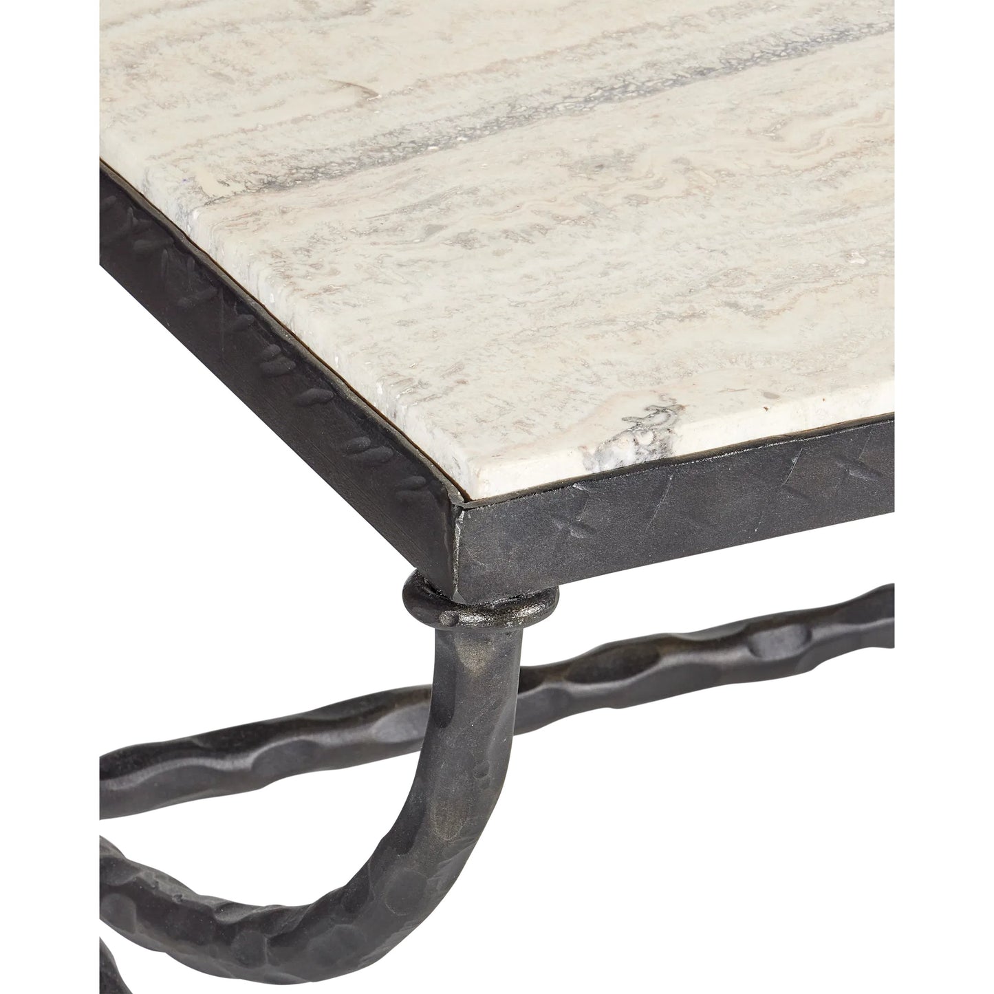 005 SI-2386930 | Closeup | Agora Cocktail Table by Currey and Company in natural, rustic bronze. Made from white travertine, wrought iron in a modern style.
