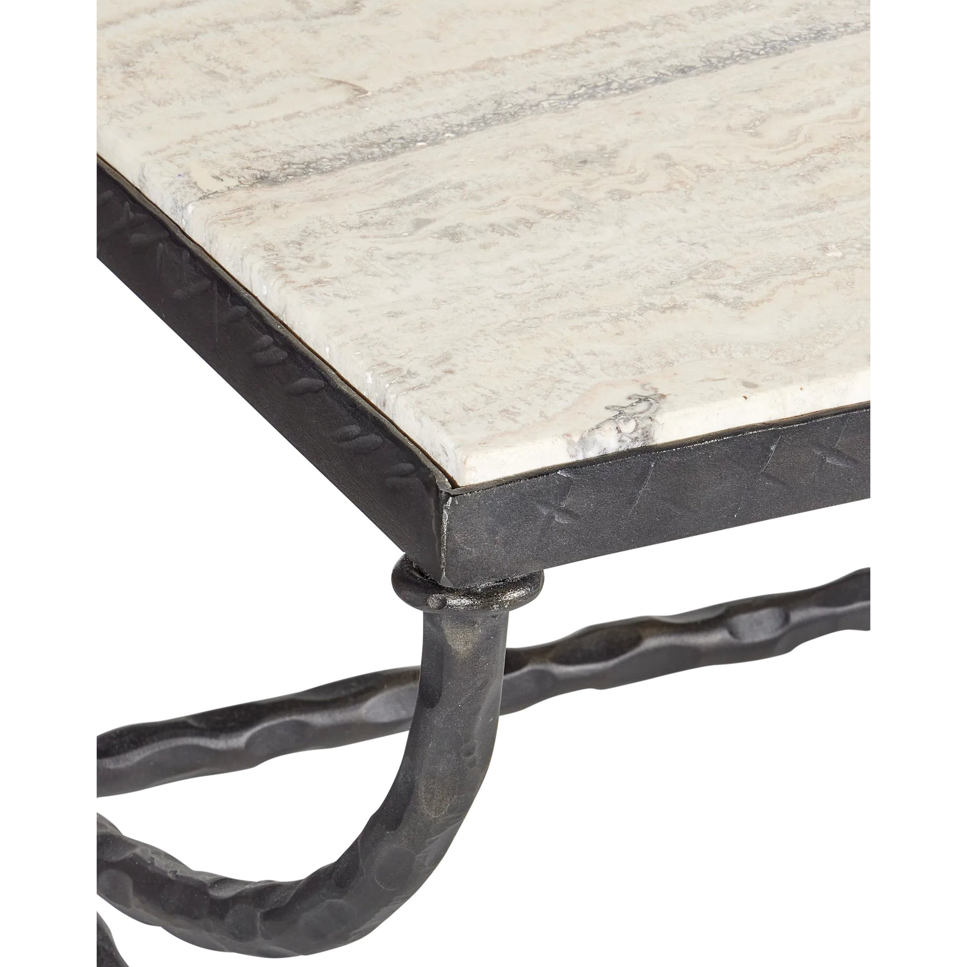 Agora Cocktail Table by Currey and Company in natural, rustic bronze. Made from white travertine, wrought iron in a modern style.