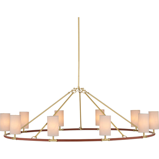 Ellerston Chandelier by Currey and Company in saddle brown, brushed brass. Made from leather, stainless steel, brass in a transitional style.