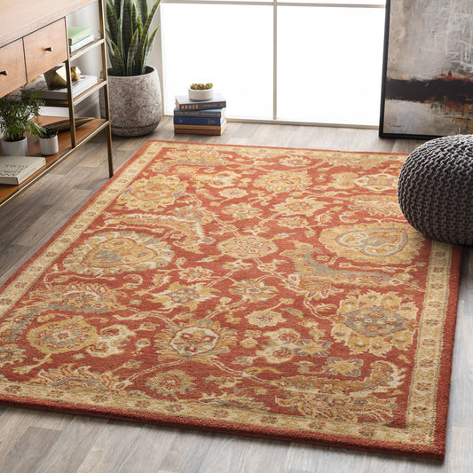 A-177 Rug by Surya in rust, mustard, light beige, tan, burnt orange, medium gray. Made from 100% new zealand wool in a unique style.