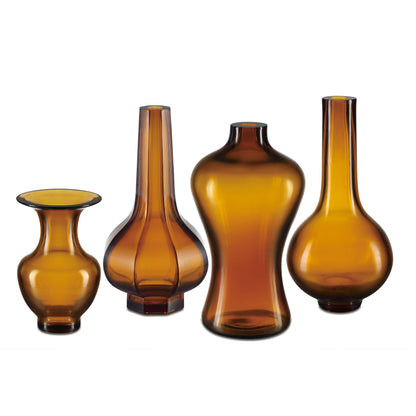 Gold Peking Long Neck Vase by Currey and Company in amber. Made from glass in a modern style.