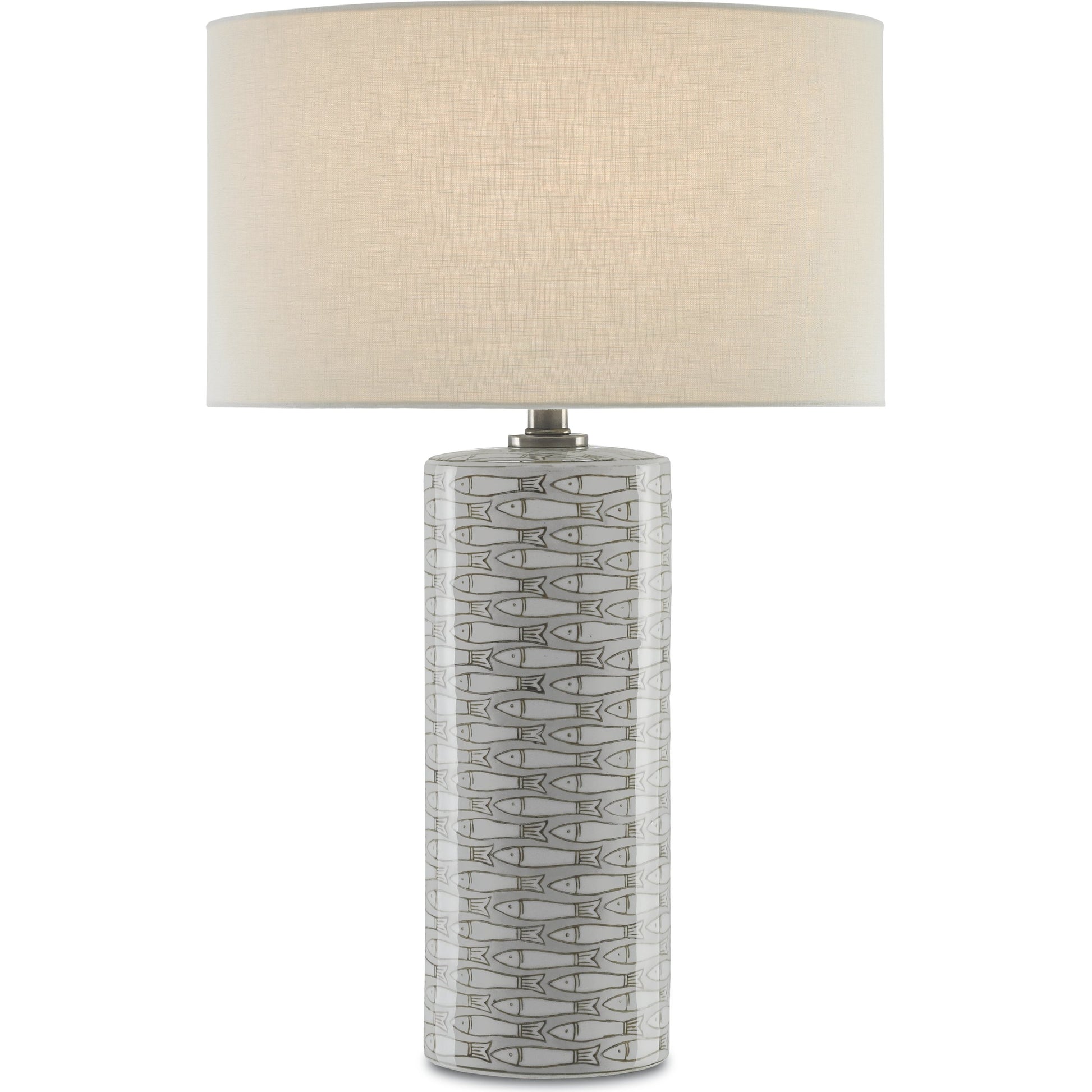 Fisch Table Lamp by Currey and Company in gray, white, antique nickel. Made from porcelain in a coastal style.