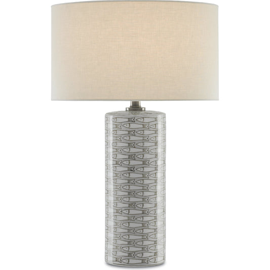 Fisch Table Lamp by Currey and Company in gray, white, antique nickel. Made from porcelain in a coastal style.
