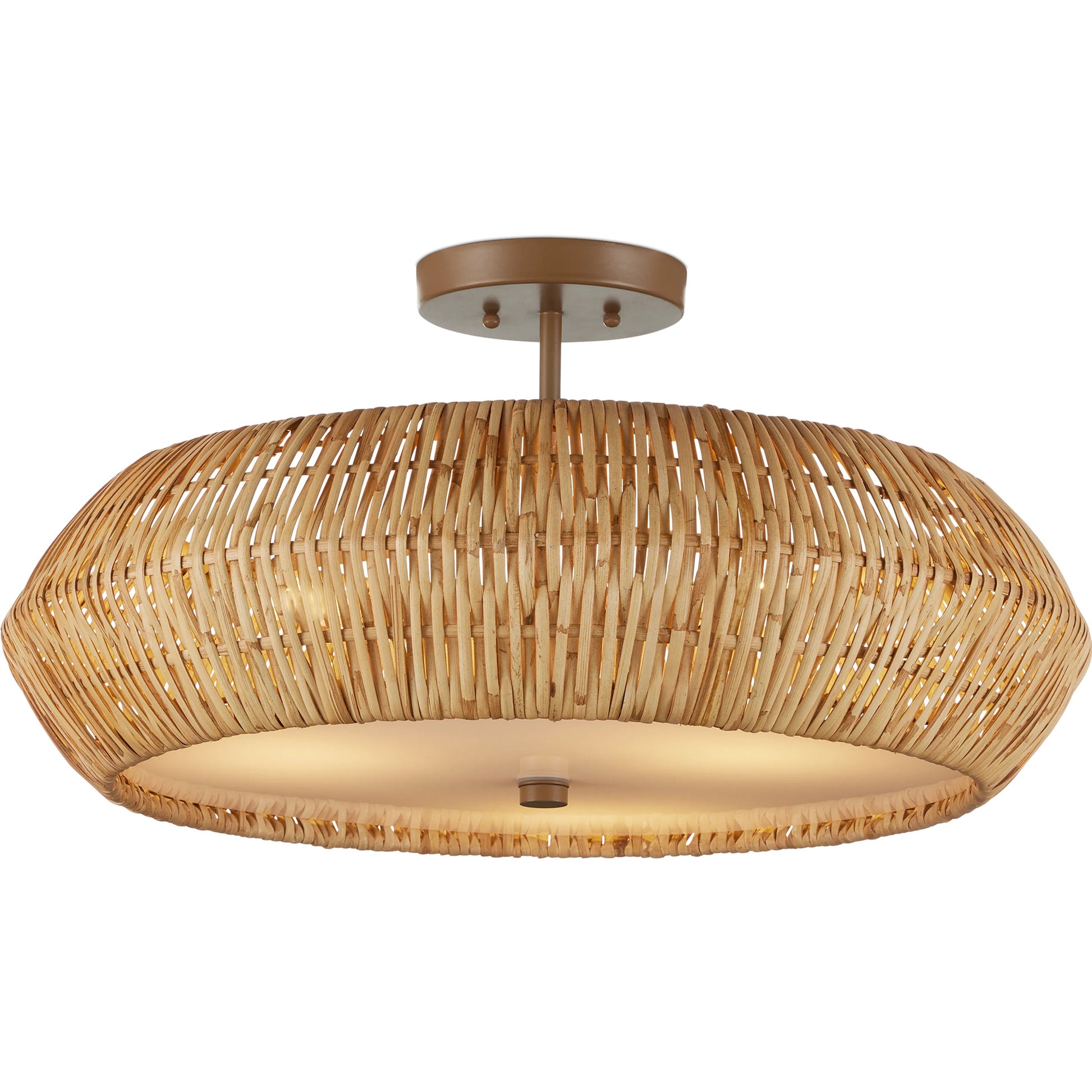 Antibes Semi-Flush Mount by Currey and Company. Made from rattan, wrought iron, acrylic in a rustic style.