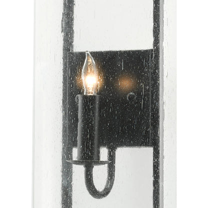 Breakspear Wall Sconce by Currey and Company in antique black. Made from metal, seeded glass in a transitional style.