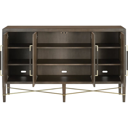 Verona Chanterelle Sideboard by Currey and Company in chanterelle, coffee, champagne. Made from mahogany, brass, iron in a modern style.