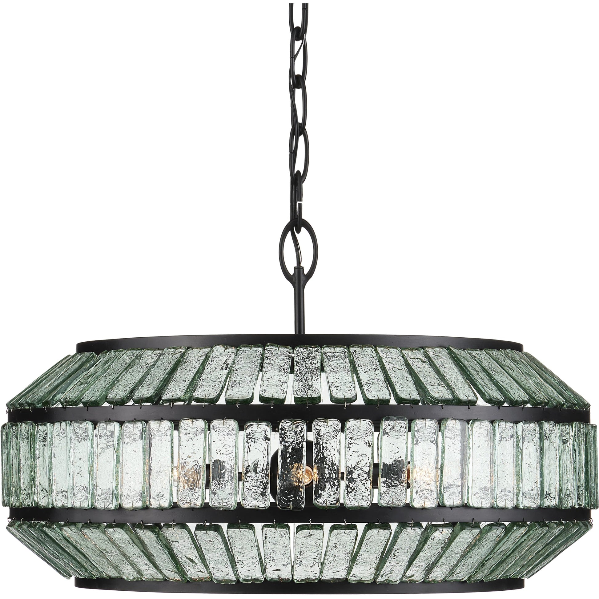 Centurion Recycled Glass Chandelier by Currey and Company in clear, satin black. Made from recycled glass, wrought iron in a traditional style.