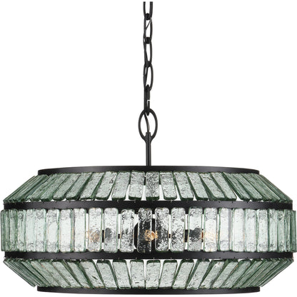 Centurion Recycled Glass Chandelier by Currey and Company in clear, satin black. Made from recycled glass, wrought iron in a traditional style.