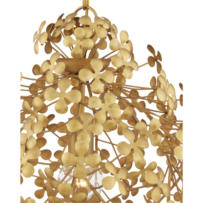 Cloverfield Pendant by Currey and Company in contemporary gold leaf. Made from wrought iron in a modern style.