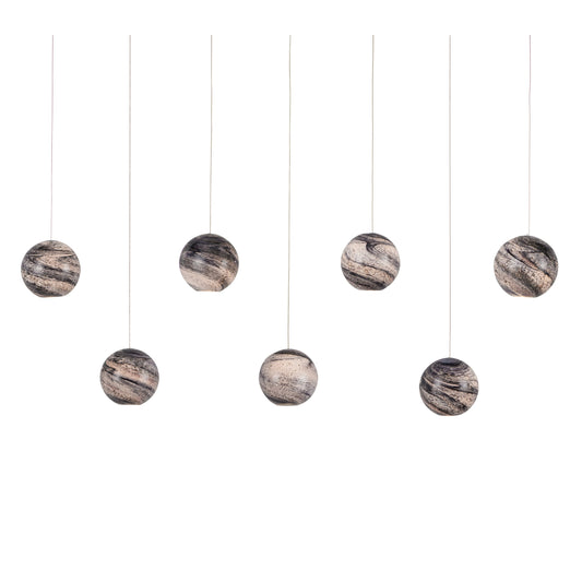 Palatino Rectangular 7-LIGHT Multi-Drop Pendant by Currey and Company in blue marbeled, silver. Made from earth with speckles, glass in a modern style.