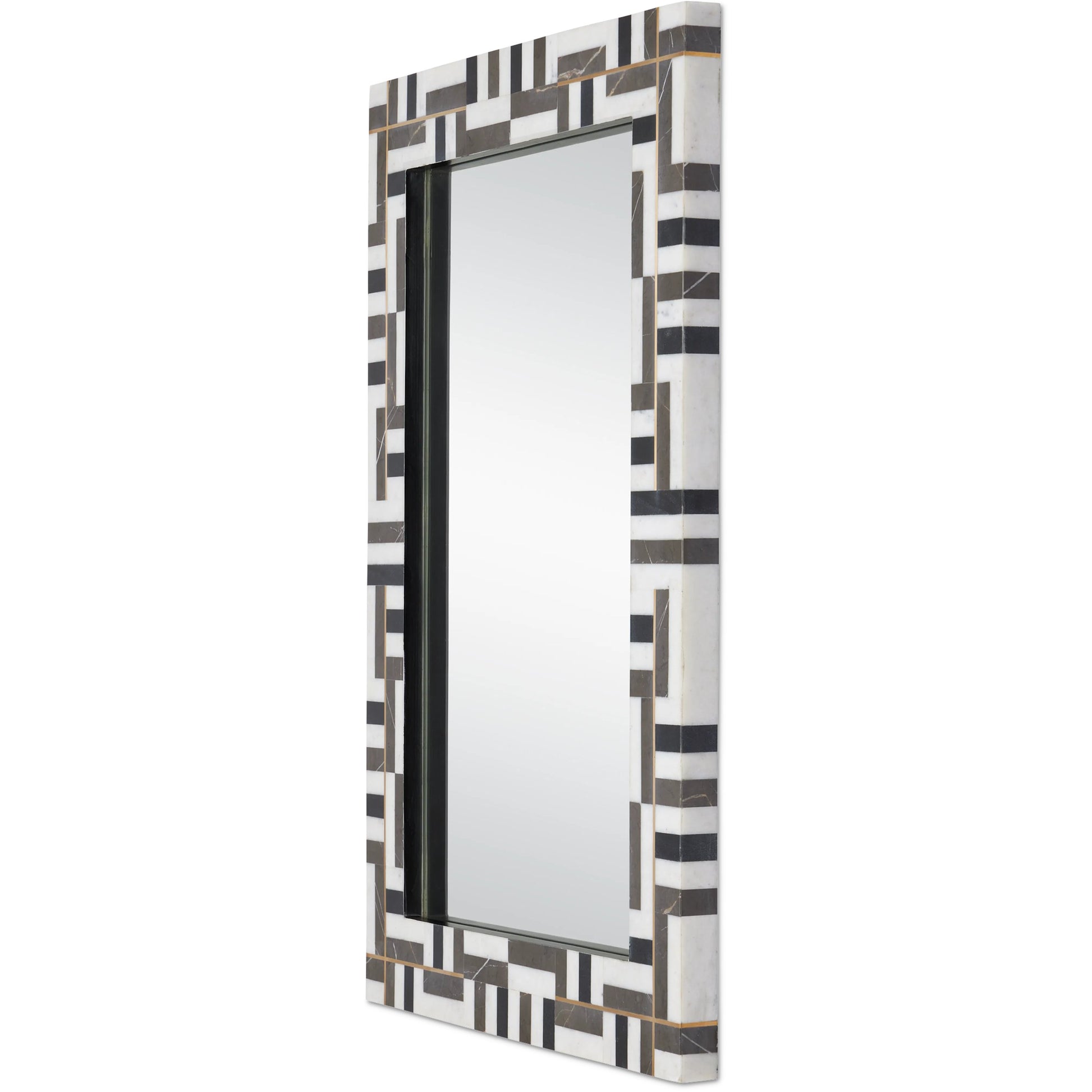 Gentry Mirror by Currey and Company in natural, brass. Made from ambaji marble, marquina marble, pietra gray marble, brass in a modern style.