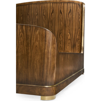 Viceroy Panel Bed by Jonathan Charles in brown and santos brown, antique brass. Made from mahogany, cerejeira veneers, santos rosewood crown veneers, brass in a traditional style.