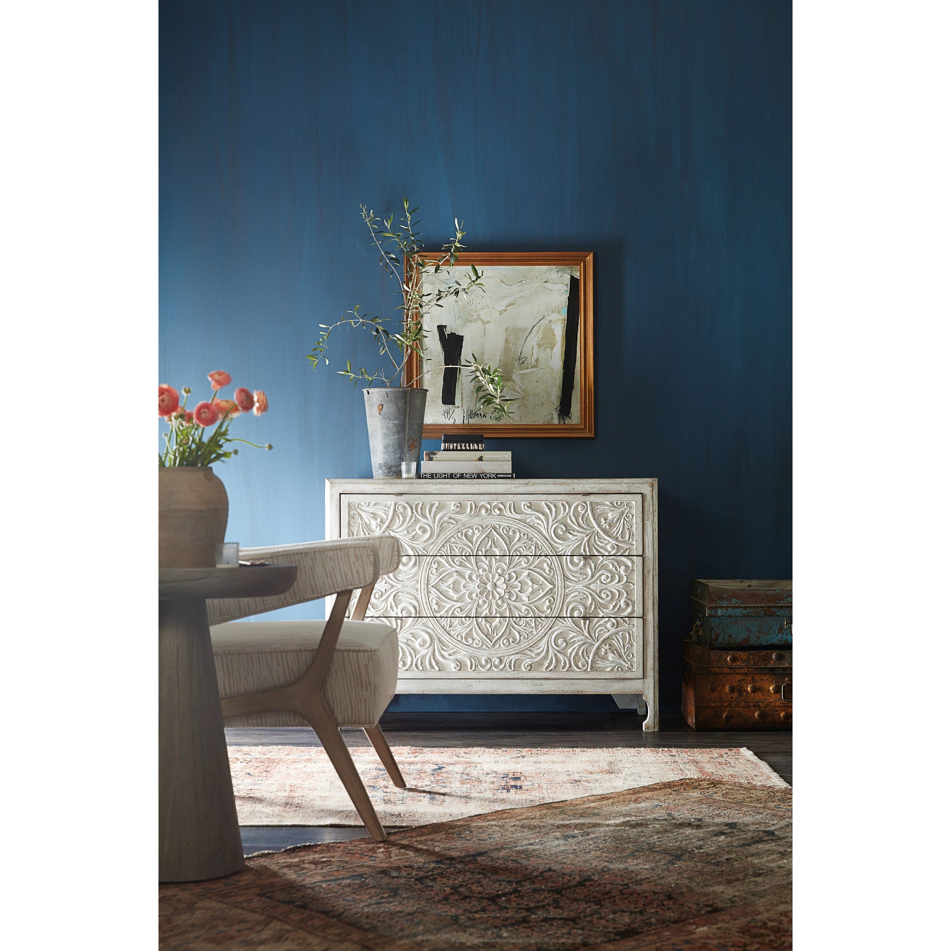 La Grange Lockhart Three-Drawer Accent Chest by Hooker Furniture in antique white. Made from pecan veneers in a transitional style.