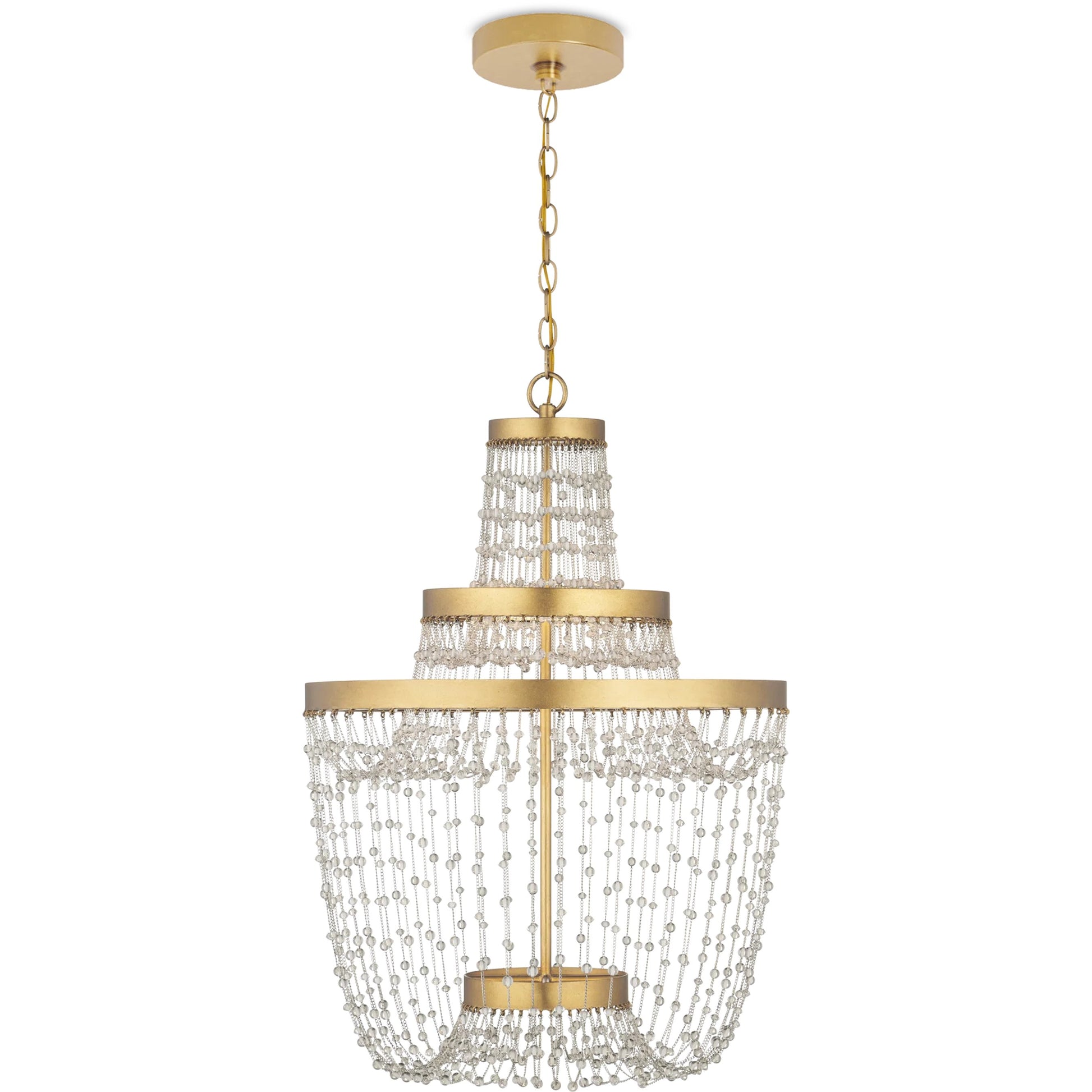 Mademoiselle Chandelier by Currey and Company in contemporary gold leaf, contemporary gold, clear. Made from glass beads, wrought iron in a unique style.