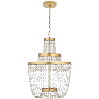Mademoiselle Chandelier by Currey and Company in contemporary gold leaf, contemporary gold, clear. Made from glass beads, wrought iron in a unique style.
