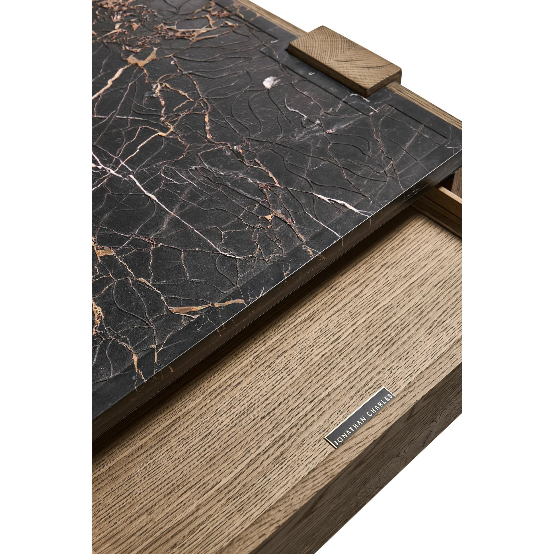 Echo Canyon Marble Rectangular Cocktail Table by Jonathan Charles in faded oak. Made from oak veneer in a cottage & farmhouse style.