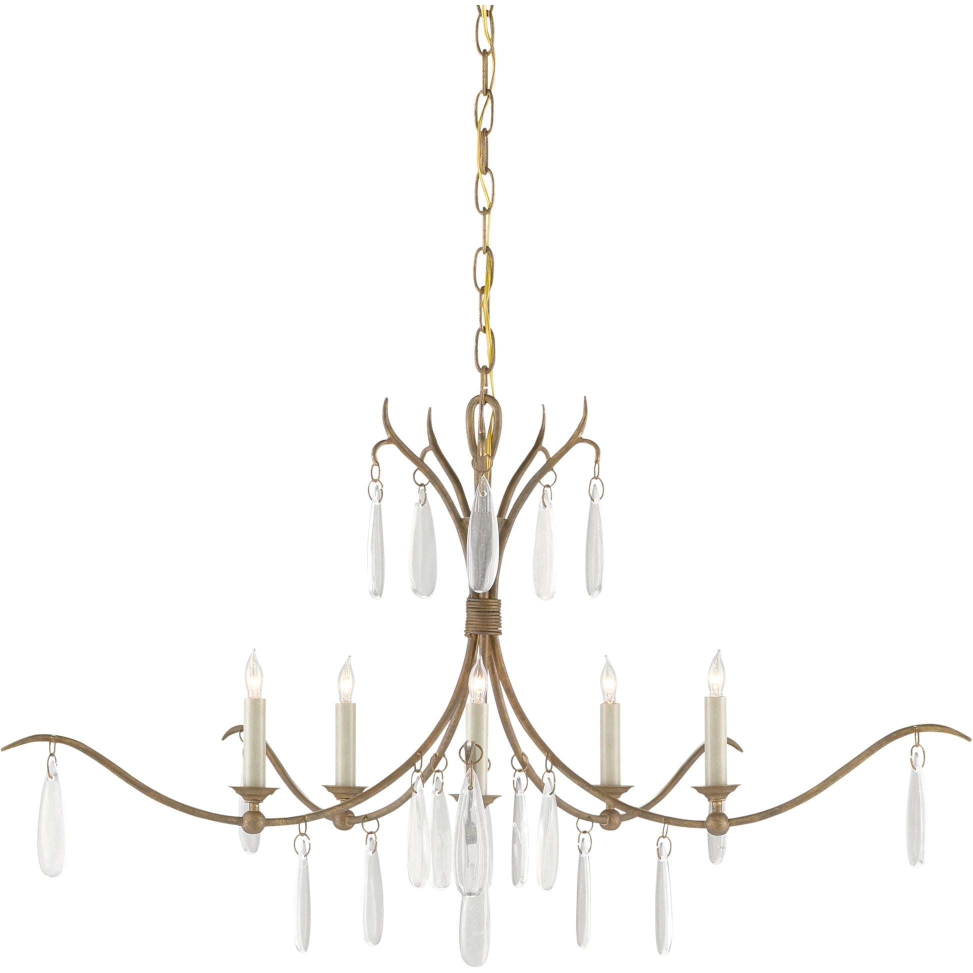 Marshallia Chandelier by Currey and Company in rustic gold, faux rock crystal. Made from wrought iron, glass in a transitional style.