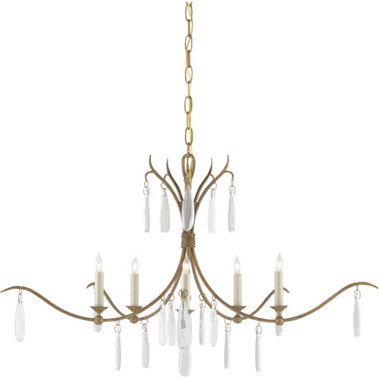 Marshallia Chandelier by Currey and Company in rustic gold, faux rock crystal. Made from wrought iron, glass in a transitional style.