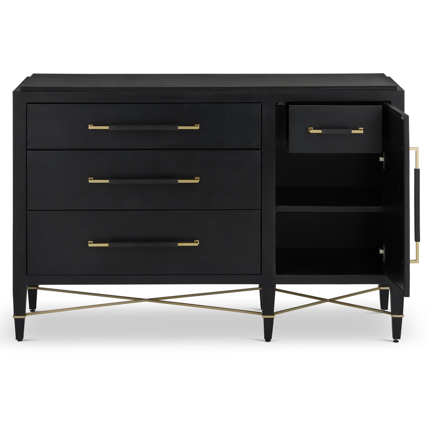 011 SI-2007903 | Additional Silo | Verona Three-Drawer Chest by Currey and Company in lacquered black linen, champagne. Made from black linen, mahogany, brass, iron in a traditional style.
