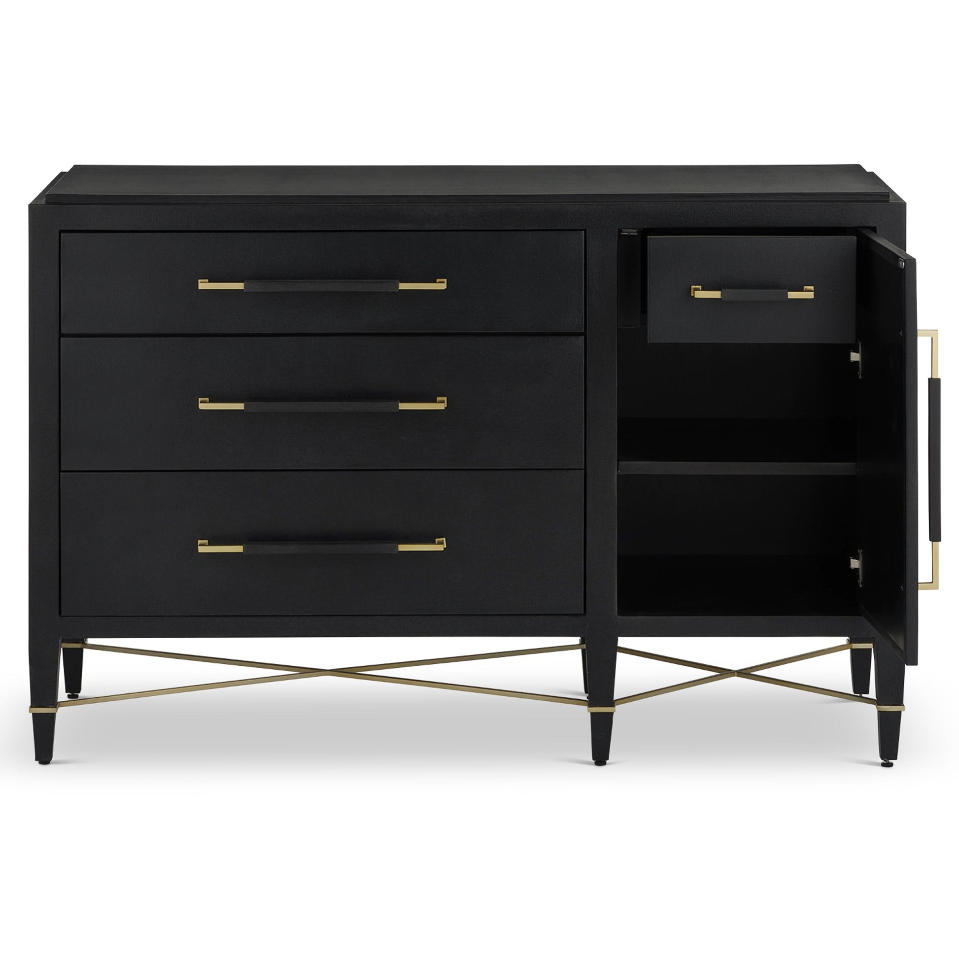 Verona Three-Drawer Chest by Currey and Company in lacquered black linen, champagne. Made from black linen, mahogany, brass, iron in a traditional style.