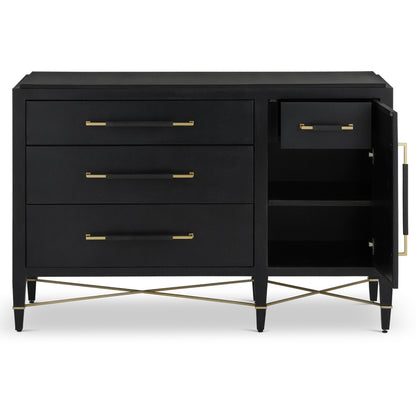 Verona Three-Drawer Chest by Currey and Company in lacquered black linen, champagne. Made from black linen, mahogany, brass, iron in a traditional style.