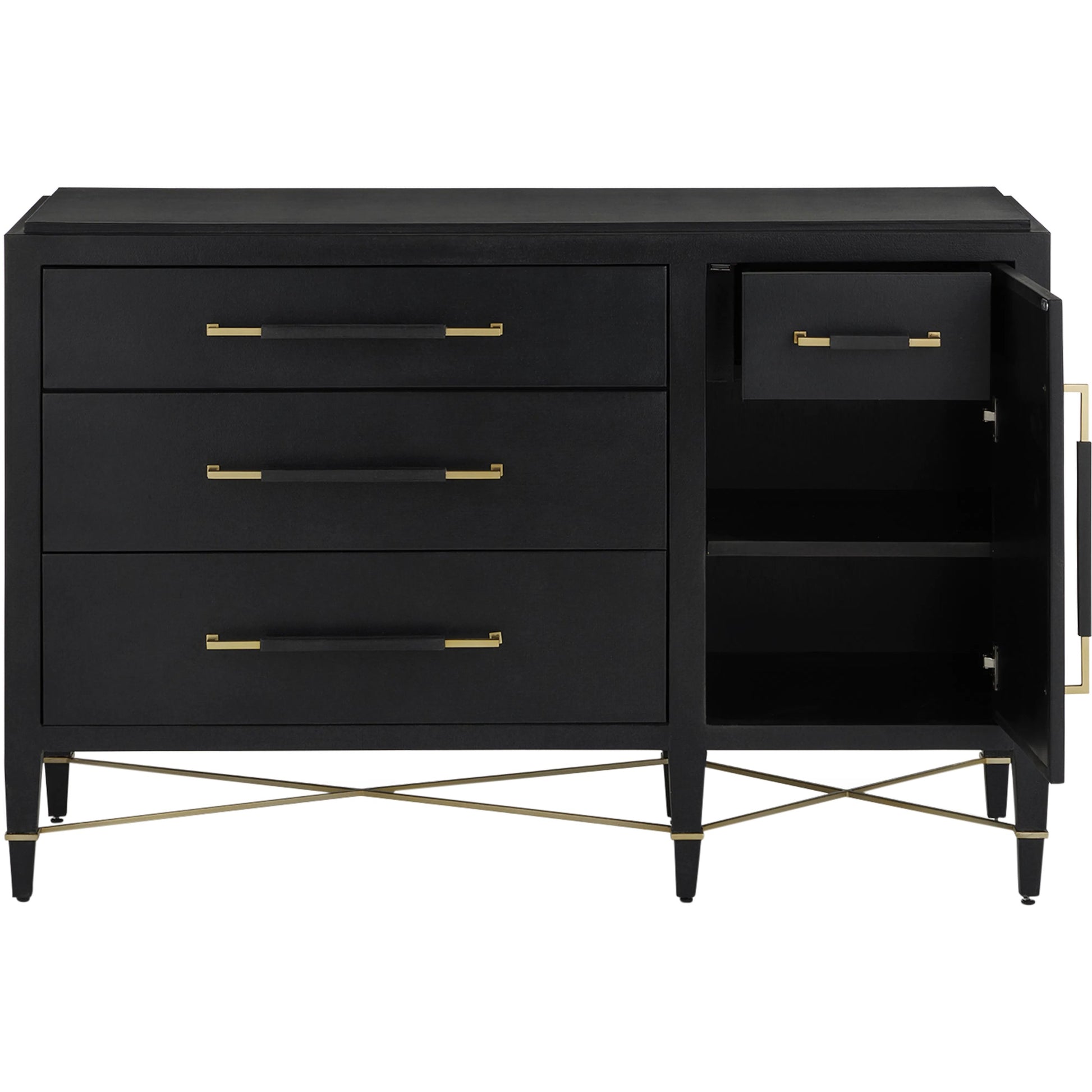 Verona Three-Drawer Chest by Currey and Company in lacquered black linen, champagne. Made from black linen, mahogany, brass, iron in a traditional style.