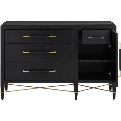 Verona Three-Drawer Chest by Currey and Company in lacquered black linen, champagne. Made from black linen, mahogany, brass, iron in a traditional style.