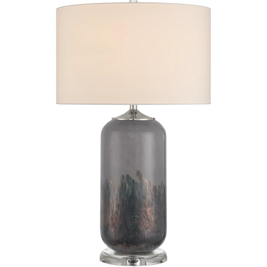 Lewes Table Lamp by Currey and Company in gray, clear, polished nickel. Made from glass, optic crystal in a modern style.