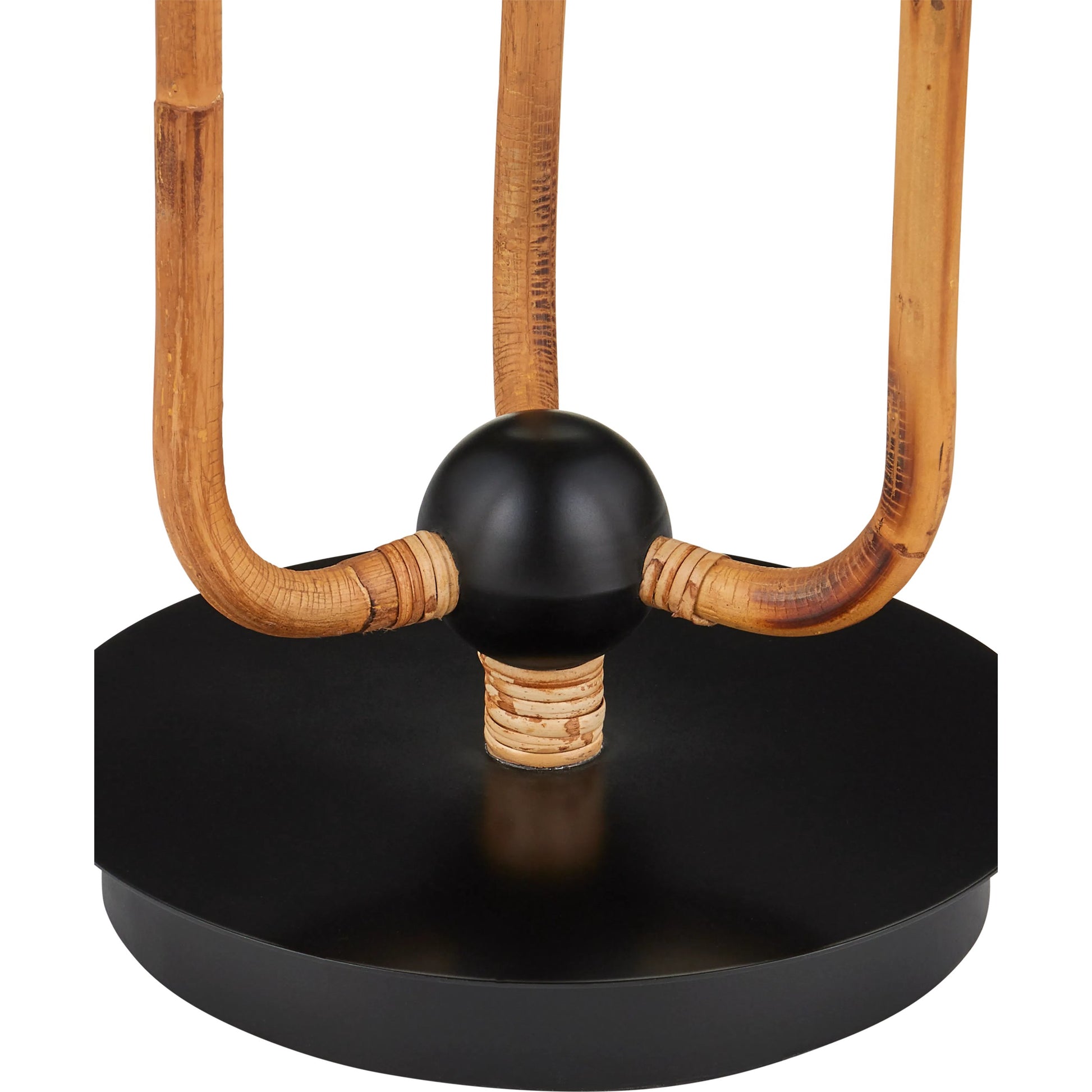 Triptych Floor Lamp by Currey and Company in natural rattan, satin black. Made from wrought iron, rattan in a modern style.