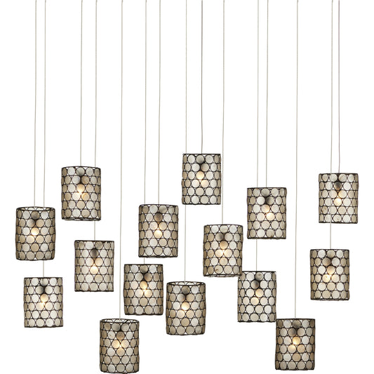 001 SI-1924132 | Primary Silo | Regatta Rectangular 15-Light Multi-Drop Pendant by Currey and Company in cupertino, silver. Made from cupertino, iron, capiz shell in a modern style.