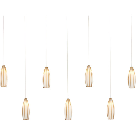 Parish 7-Light Rectangular Multi-Drop Pendant by Currey and Company in white, antique brass, silver. Made from glass, metal in a modern style.