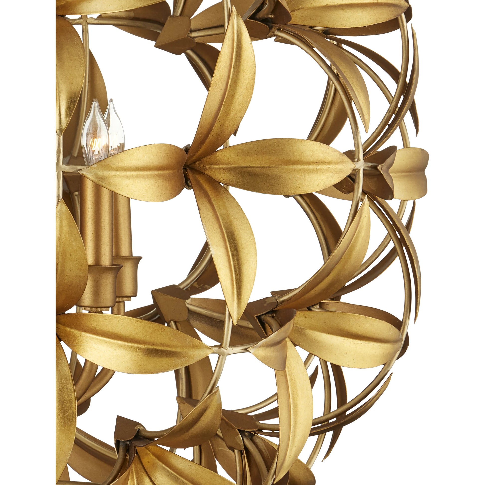 Helenium Orb Chandelier by Currey and Company in contemporary gold leaf, contemporary gold. Made from wrought iron in a modern style.