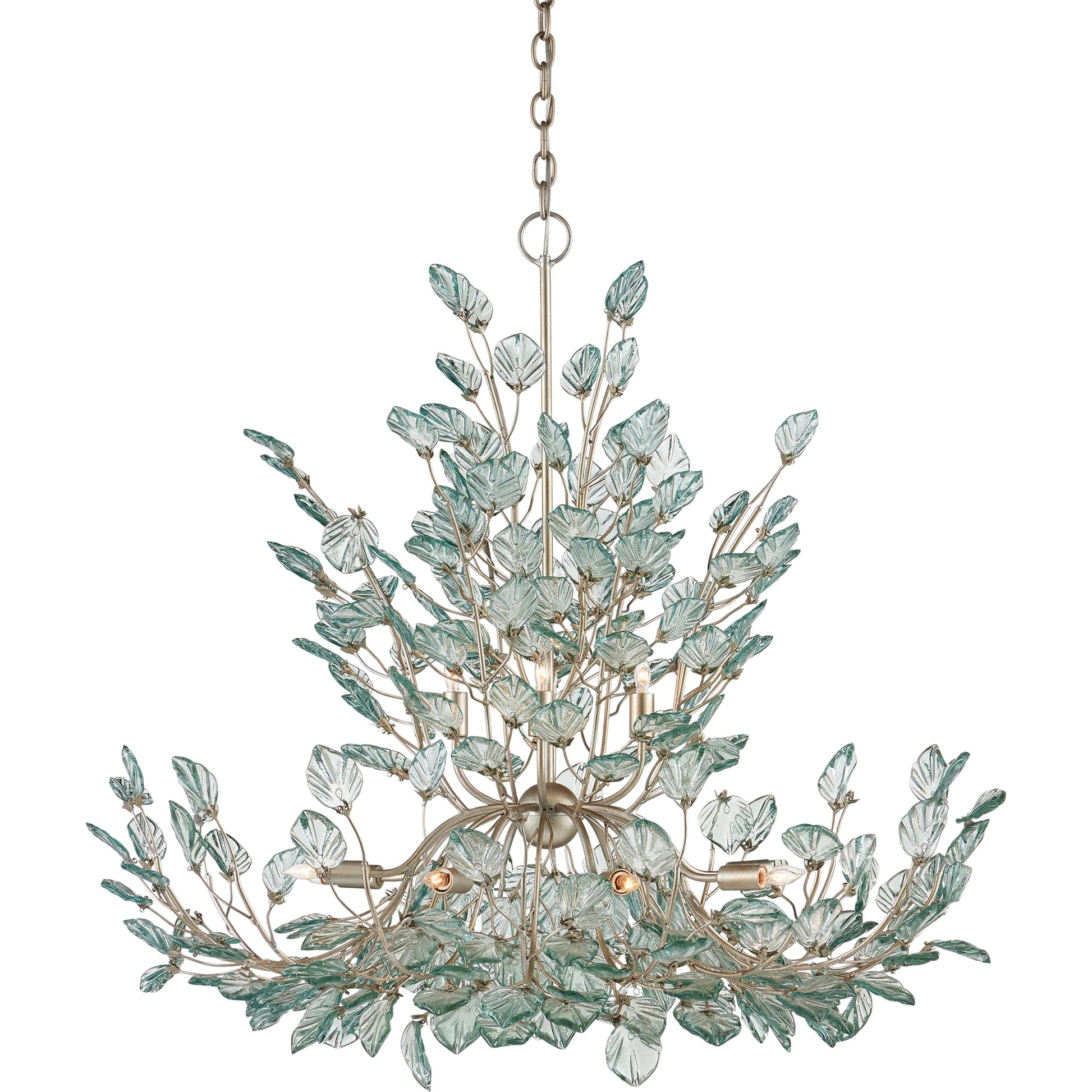 Baobab Chandelier by Currey and Company in clear, contemporary silver leaf. Made from recycled glass, wrought iron in a modern style.