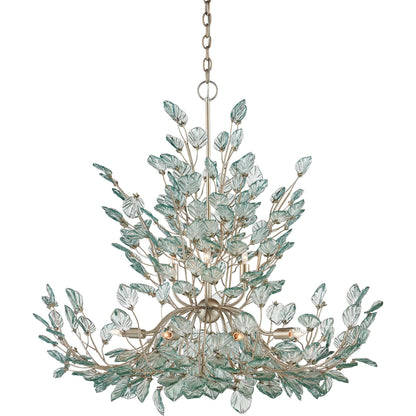 Baobab Chandelier by Currey and Company in clear, contemporary silver leaf. Made from recycled glass, wrought iron in a modern style.