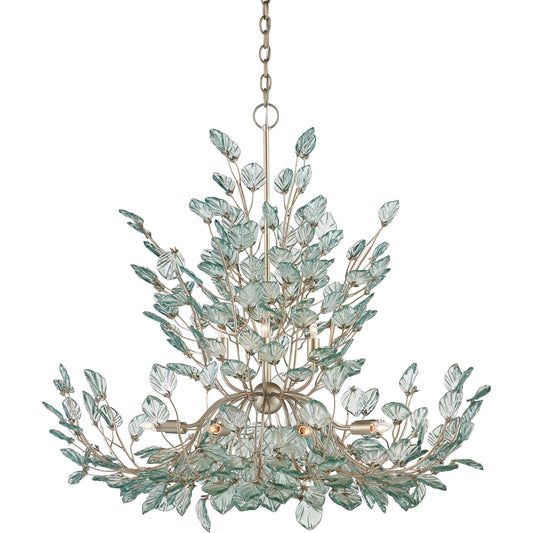 Baobab Chandelier by Currey and Company in clear, contemporary silver leaf. Made from recycled glass, wrought iron in a unique style.
