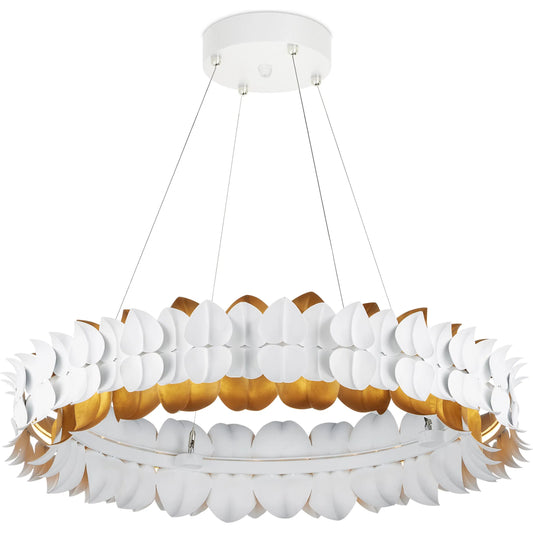 Aventine Chandelier by Currey and Company in gesso white, contemporary gold. Made from wrought iron in a modern style.
