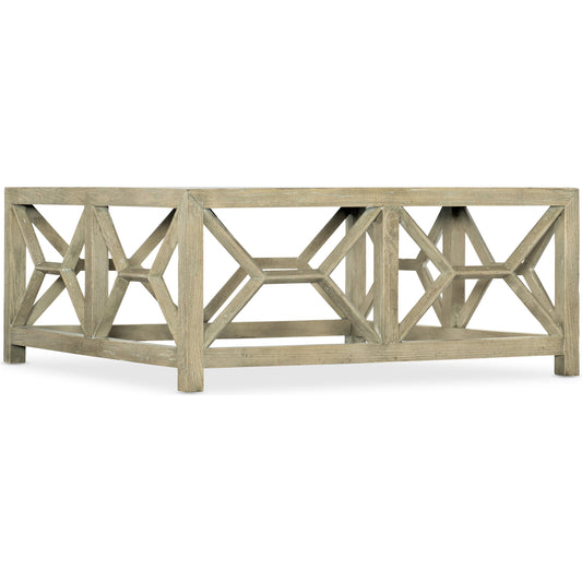 Surfrider Cocktail Table by Hooker Furniture in driftwood. Made from hardwoods, stone veneers in a coastal style.