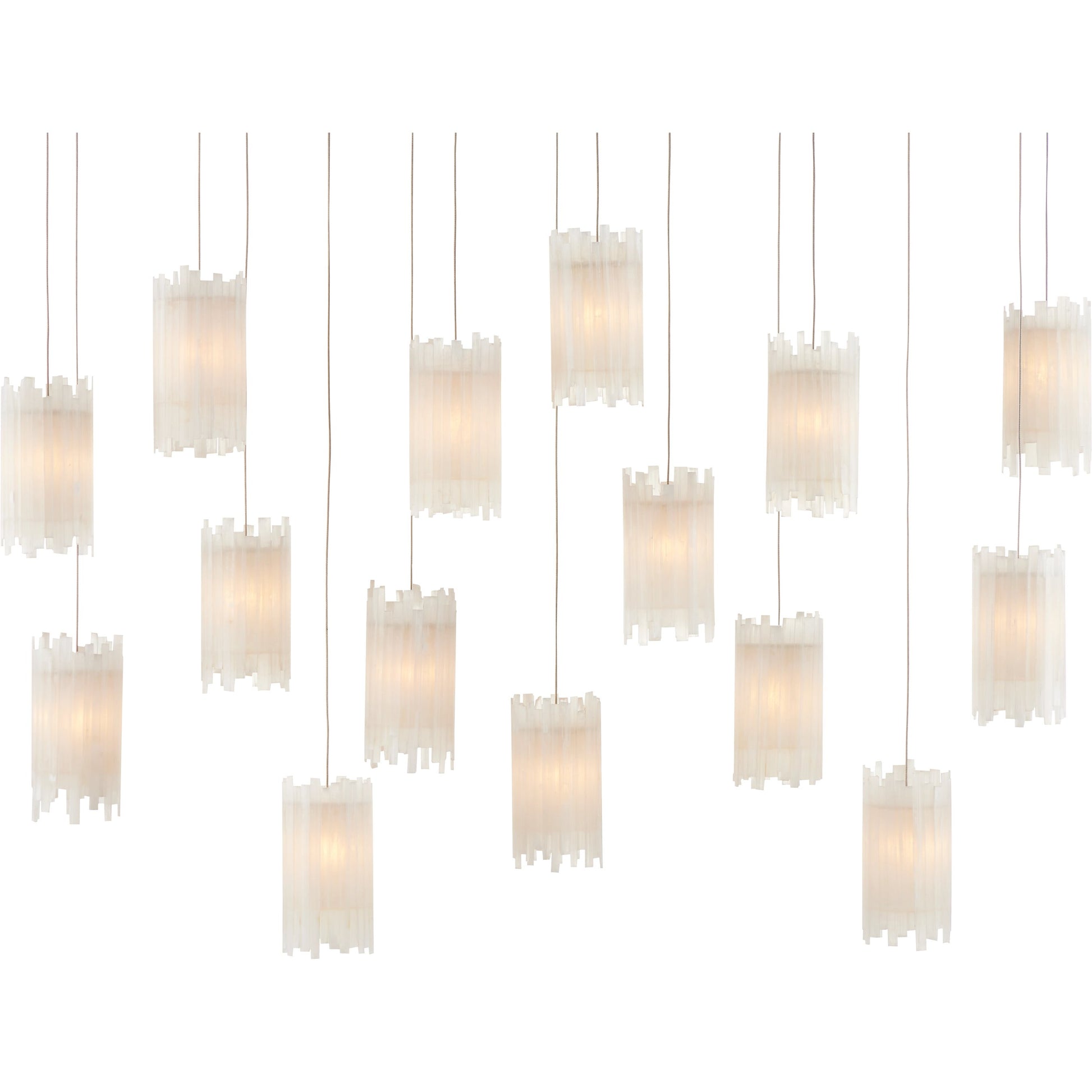 Escenia Rectangular 15-Light Multi-Drop Pendant by Currey and Company in natural selenite, silver. Made from selenite, frosted glass in a transitional style.