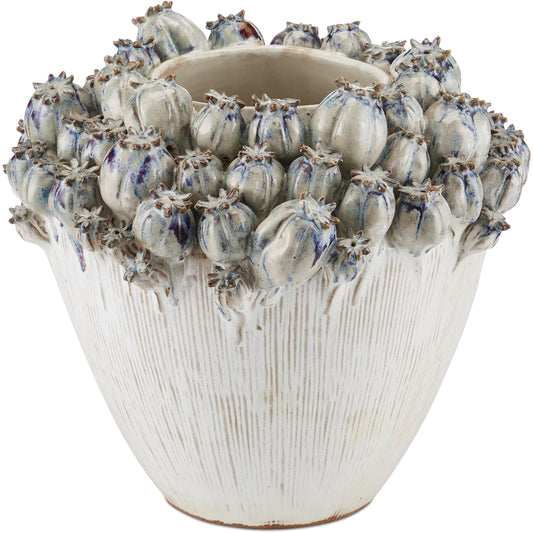 Poppy Pod Crown Vase by Currey and Company in ivory, reactive blue, purple. Made from ceramic in a unique style.