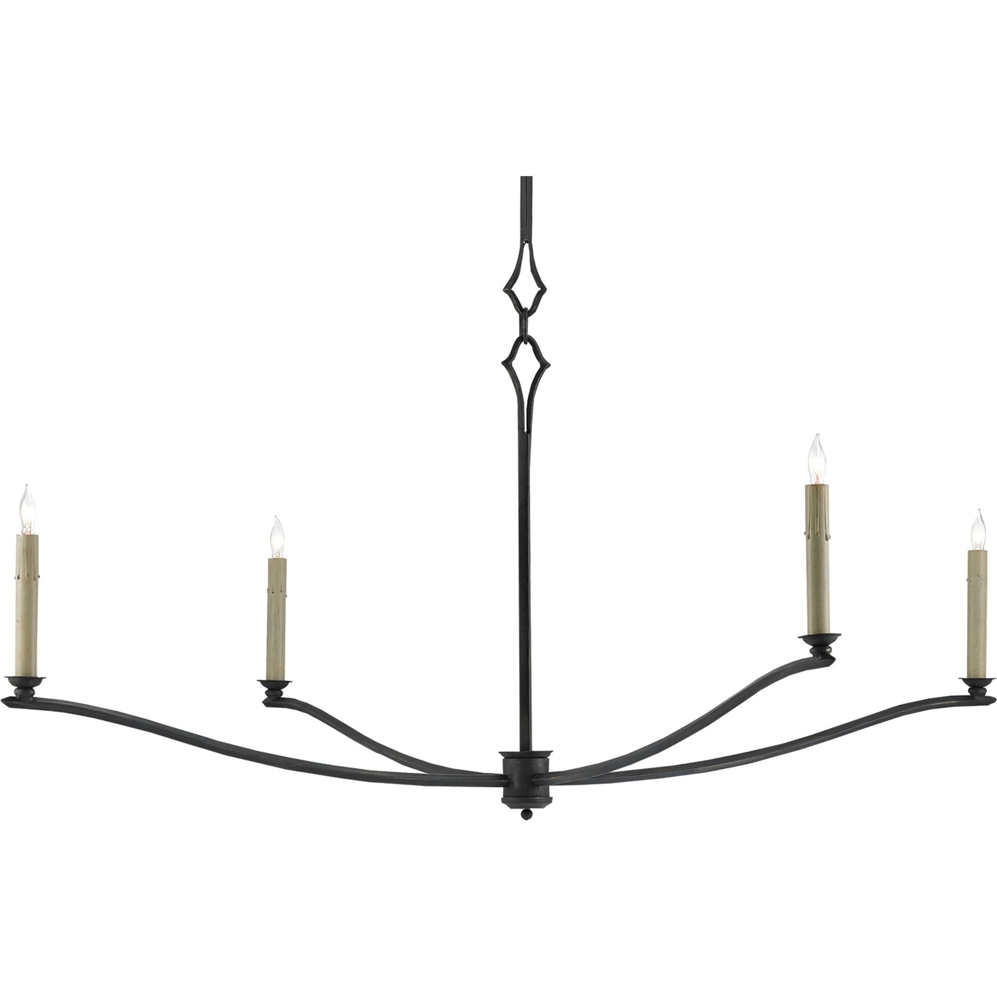 Knole Chandelier by Currey and Company in french black. Made from wrought iron in a rustic style.