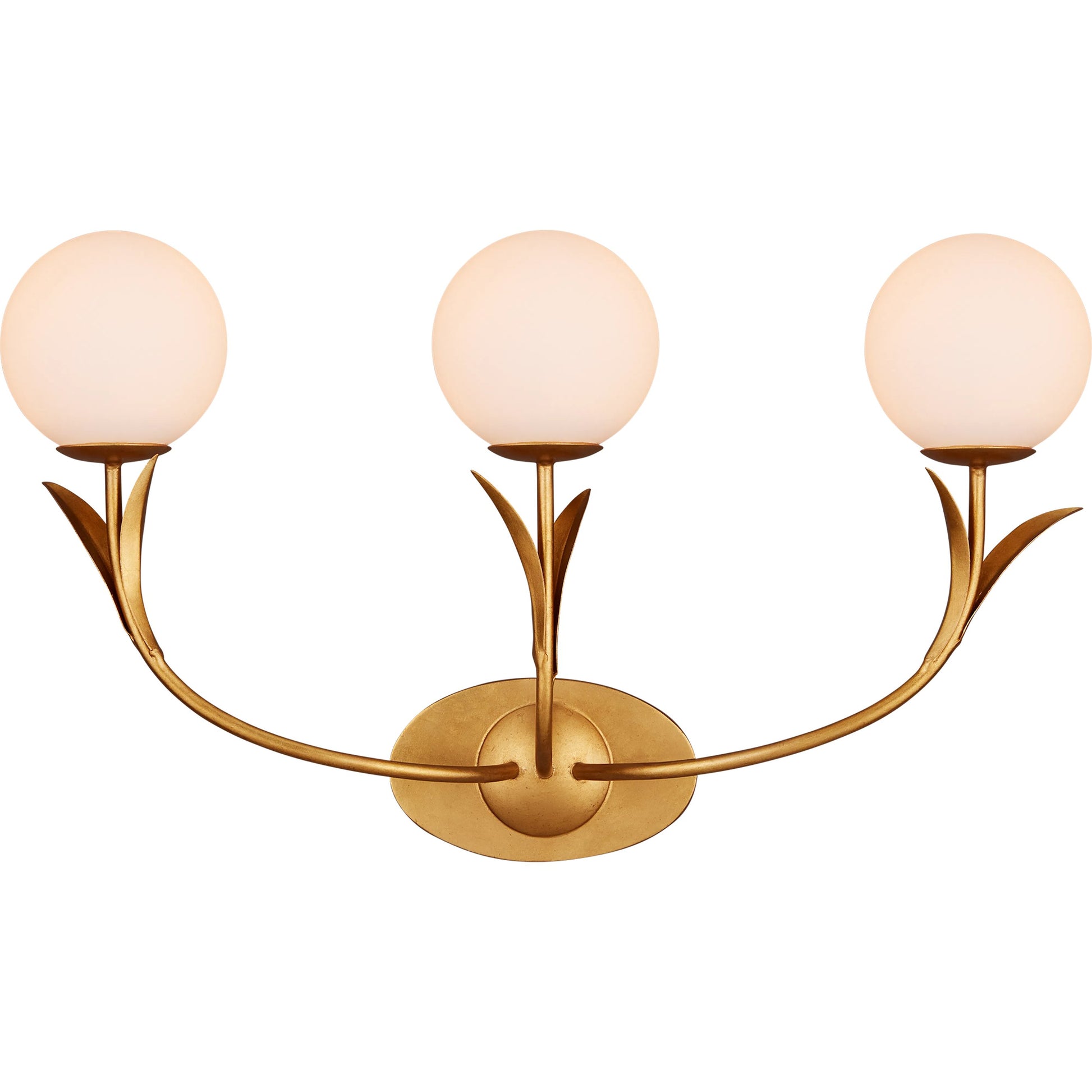 Rossville Triple-Light Wall Sconce by Currey and Company in contemporary gold leaf, sugar white, frosted white. Made from wrought iron, glass in a modern style.