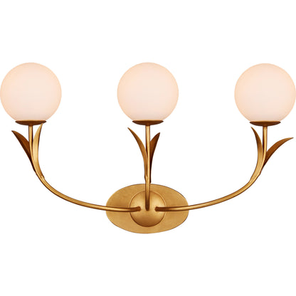 Rossville Triple-Light Wall Sconce by Currey and Company in contemporary gold leaf, sugar white, frosted white. Made from wrought iron, glass in a modern style.