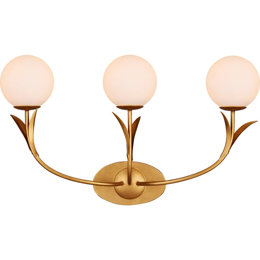 Rossville Triple-Light Wall Sconce by Currey and Company in contemporary gold leaf, sugar white, frosted white. Made from wrought iron, glass in a modern style.