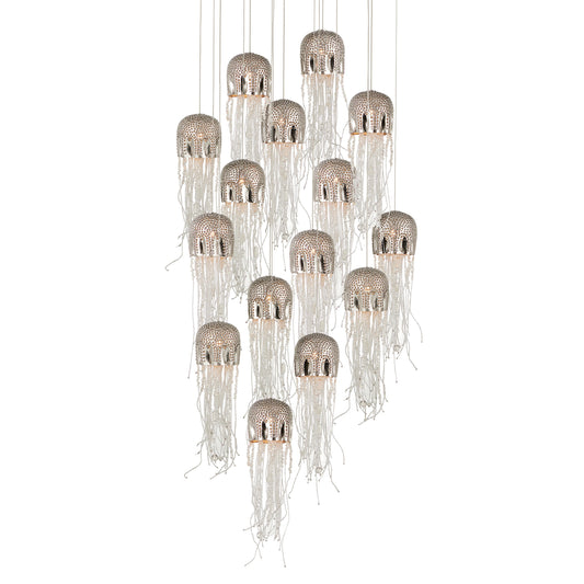 Medusa Round 15-LIGHT Multi-Drop Pendant by Currey and Company in nickel, silver. Made from nickel, steel, glass in a modern style.