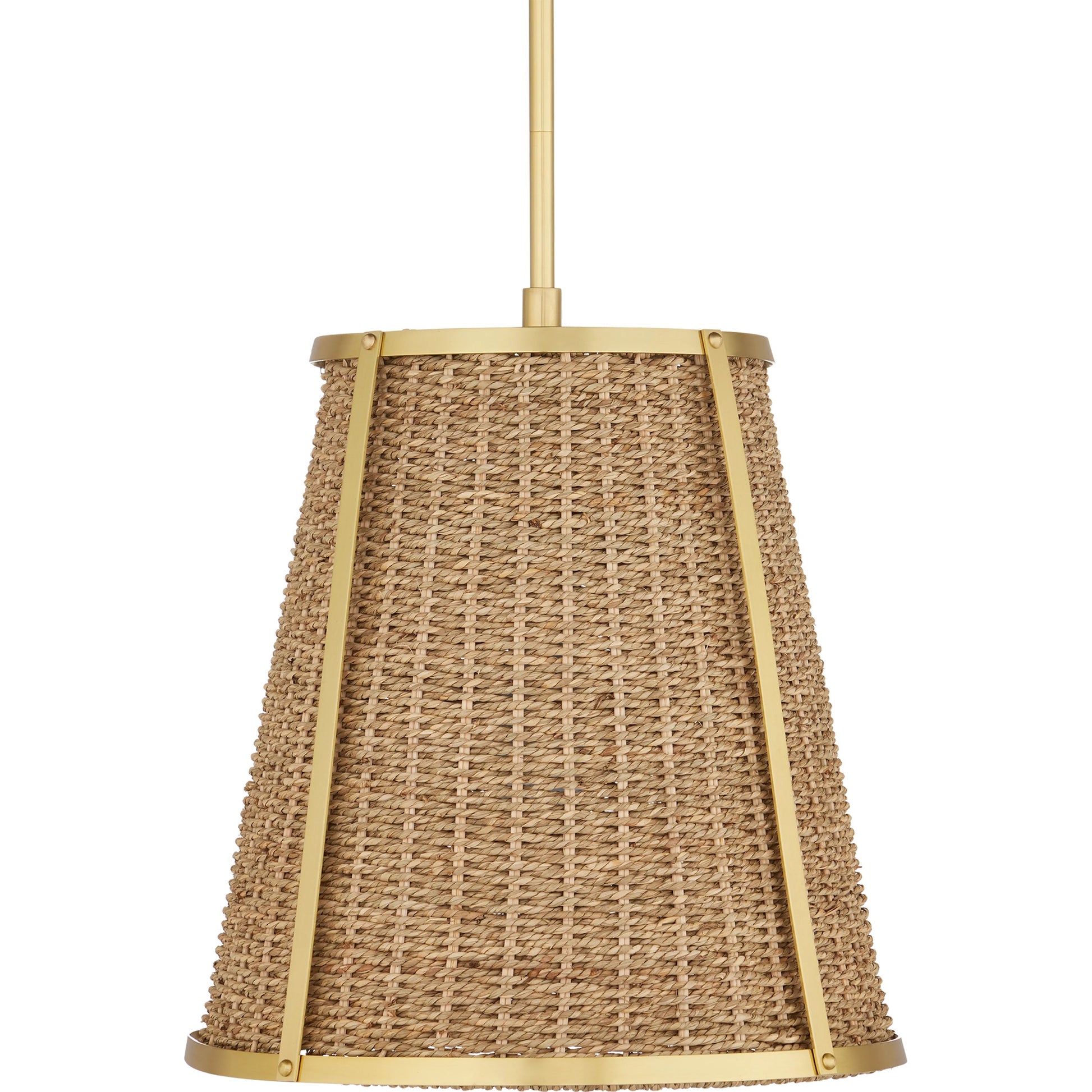 Deauville Pendant by Currey and Company in natural, polished brass. Made from seagrass, metal in a cottage & farmhouse style.