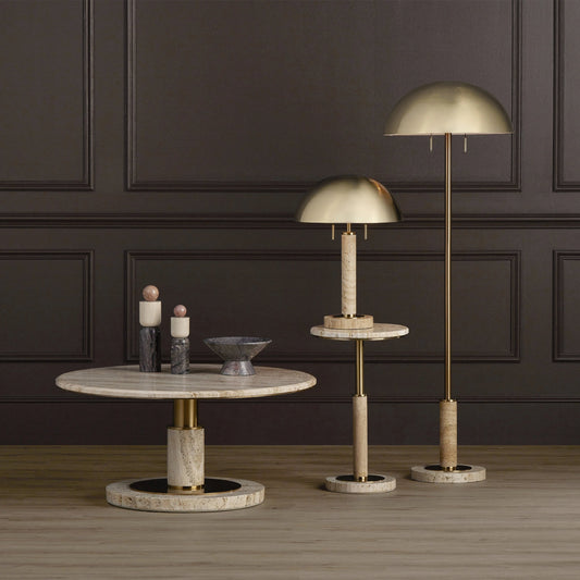 Miles Cocktail Table by Currey and Company in natural, polished brass. Made from travertine, brass in a modern style.