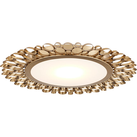 Antares Flush Mount by Currey and Company in antique brass, white. Made from metal, brass, glass in a modern style.