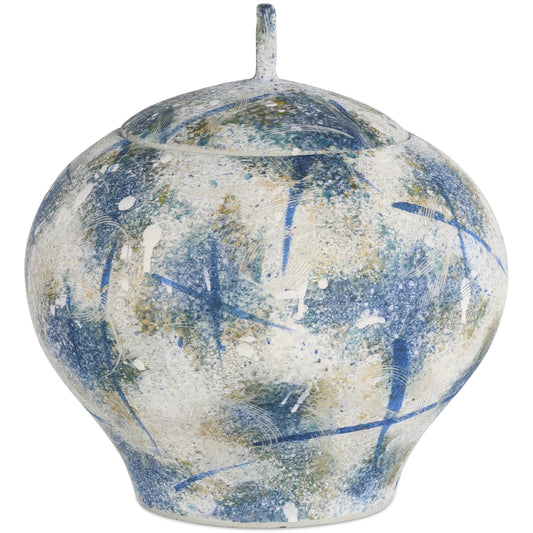 Jackson Vase by Currey and Company in antique blue, off-white. Made from porcelain in a unique style.