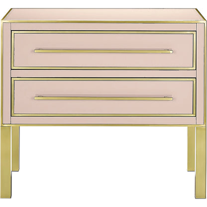 Arden Chest by Currey and Company in ivory, satin brass. Made from reverse painted glass, brass, solid hardwood, faux suede in a traditional style.