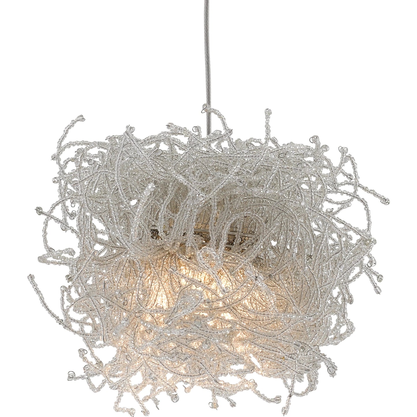 009 SR-890051 | Closeup | Birds Nest Linear 30-LIGHT Multi-Drop Pendant by Currey and Company in painted silver, clear. Made from metal, glass bead in a modern style.